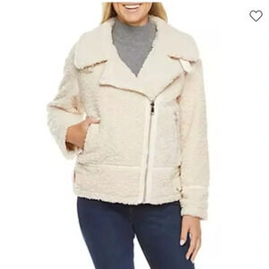 A.n.a Teddy Sherpa Double-Faced  Biker Jacket | Size Large | Cream / Ivory